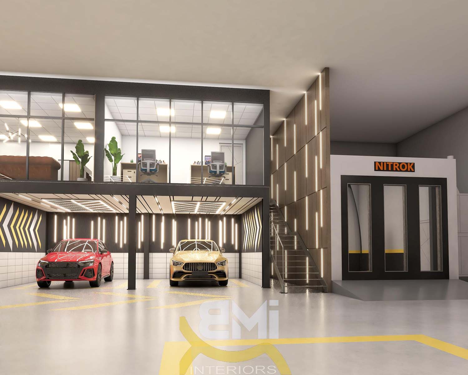 3d design of showroom after renovation placed 3 luxury cars under glass partition